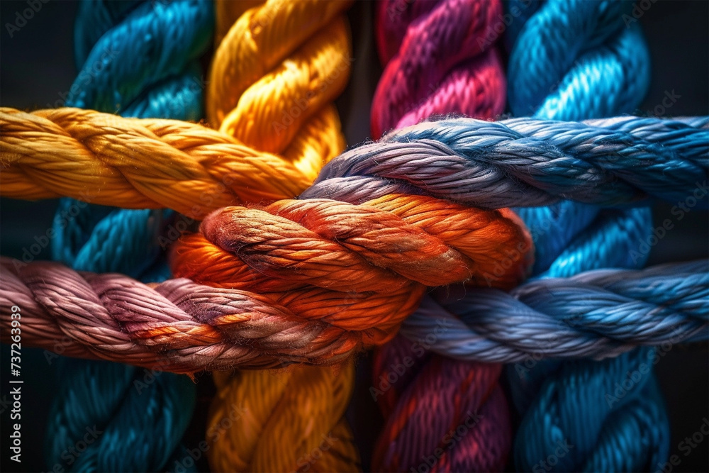 Diverse strengths are connected by a team rope to form partnerships ...