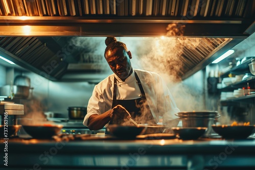 Chef Black man in kitchen. Cooking process
