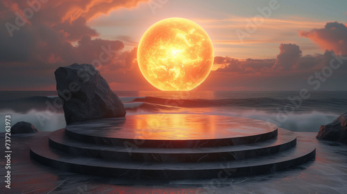 empty black marble podium on the beach with hugh orange sunset in the background for product presentation