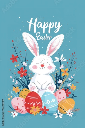 Joyful Easter greeting with bunny and eggs.