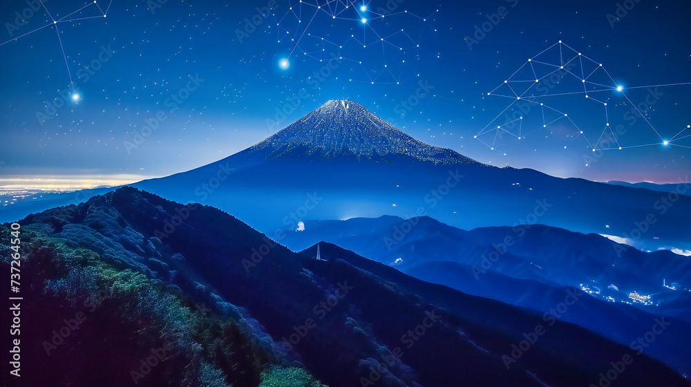 Fototapeta premium Starlit Peaks: A Nighttime Vista Over Mountains, Illuminated by the Cosmic Dance of Stars and the Ethereal Glow of the Milky Way