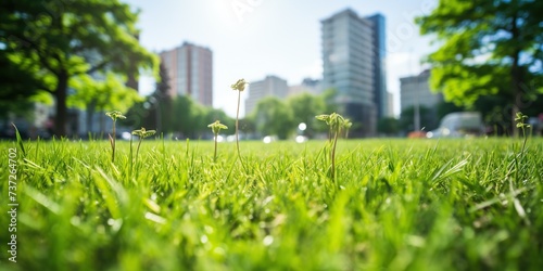 Green, lush grass in the sunlight in the urban meadow in springtime, in the blurry background of tall buildings, concept of Nature