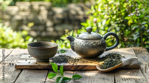 Outdoors on a sunny morning, a teapot and cup of tea rest on a wooden table with green tea leaves