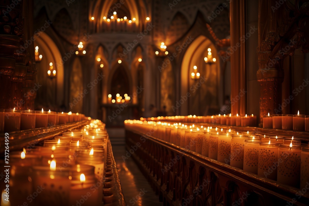 The soft illumination of candles in a chapel
