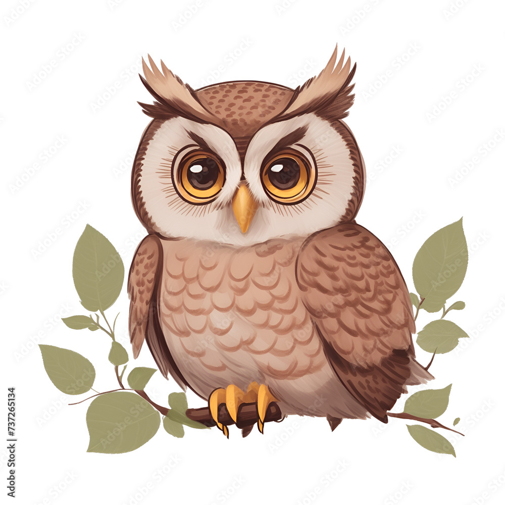 Obraz premium owl sitting on branch,An owl perched on a branch background, owl cartoon character