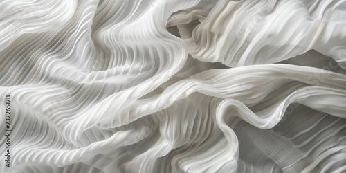 White textiles silk in wave-like patterns, serene gray backdrop, captivating interplay of hues and textures.