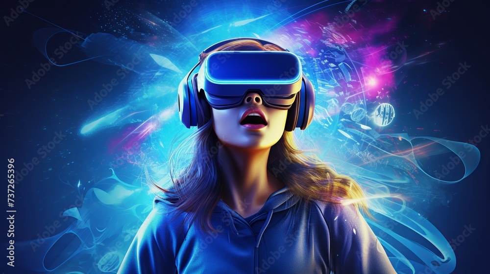 female playing video games with virtual reality headset, Generative ai