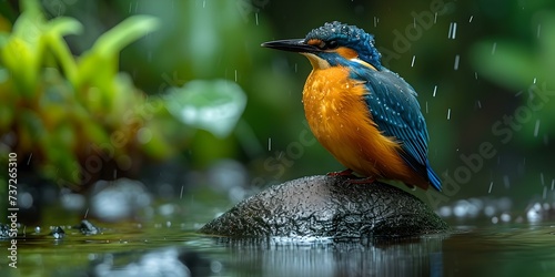 Vivid kingfisher perched on a stone during gentle rainfall. captivating wildlife photography in a serene setting. perfect for nature enthusiasts. AI