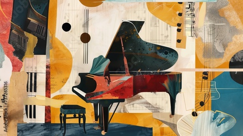 mixed media collage of a music piano instrument and paper cut abstract elements, retro style collage illustration