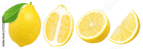 lemon fruit with leaves, slice and half isolated, Fresh and Juicy Lemon, transparent PNG, PNG format