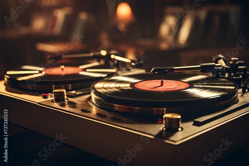 Three vintage vinyl records spinning on turntables