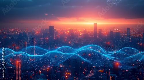City smart and big data technology concept with digital blue wavy wires and antennas on black night skyline background.