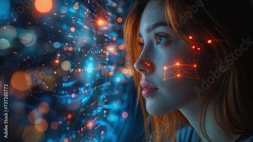 A woman's hand holding a modern computer, surfing the internet into the future, a futuristic metaverse, innovative technology background. Digital technology, internet network connection, big data,
