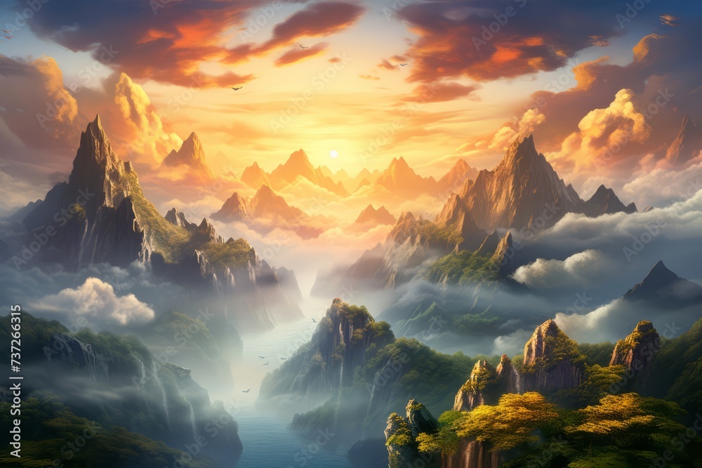 A breathtaking mountain landscape at sunrise, invoking a sense of wanderlust