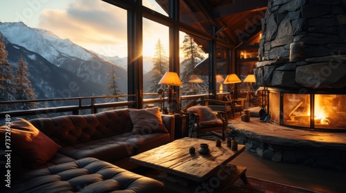 Cozy cabins with roaring fireplaces nestled in icy mountains