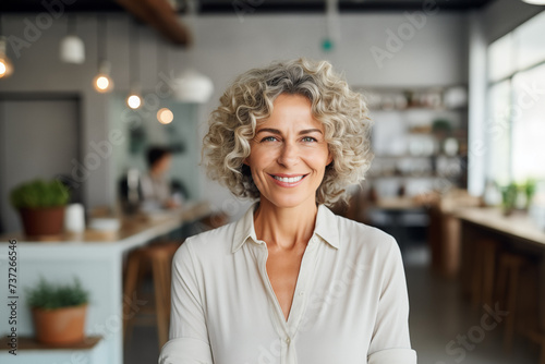 Portrait of sincerely smiling middle aged elegant small business owner photo
