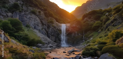 In the embrace of towering mountains, witness the serenity of a cascading waterfall bathed in the soft glow of a mountain sunset