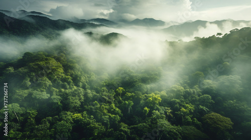 Aerial view of misty tropical rainforest