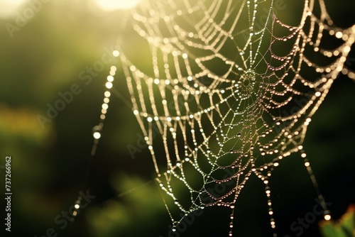 A close up of a spiderweb glistening with morning dew, showcasing intricate survival skills