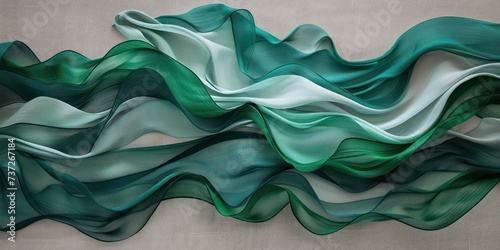 Green textiles silk in wave-like patterns, serene gray backdrop, captivating interplay of hues and textures.