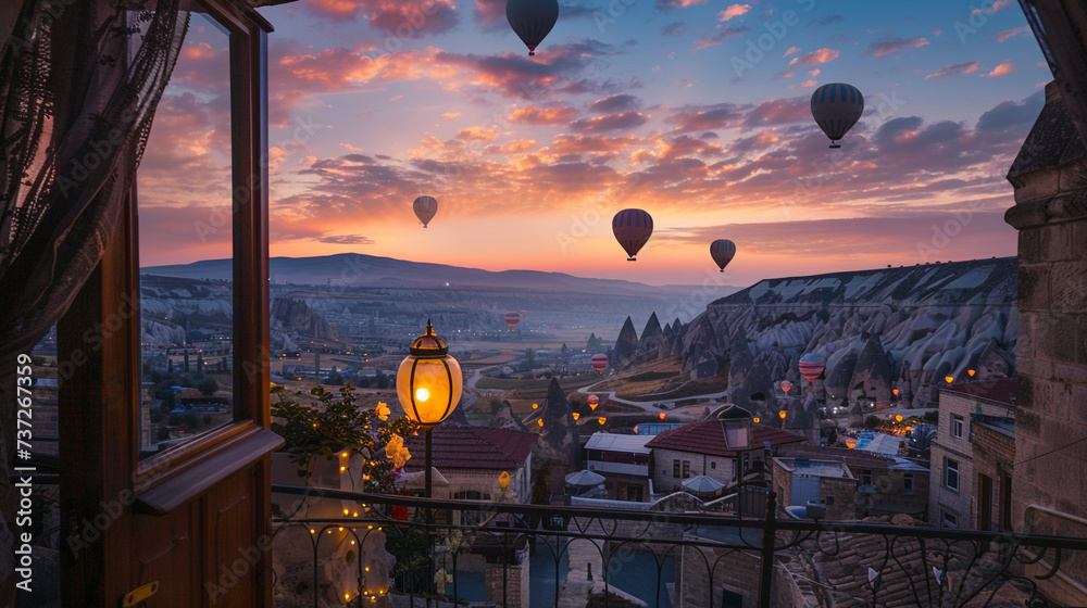 view from balcony bedroom. Vacations in beautiful destination. Colorful hotel terrace with sunset evening view. Flying air balloons. Medieval travel leisure. - obrazy, fototapety, plakaty 