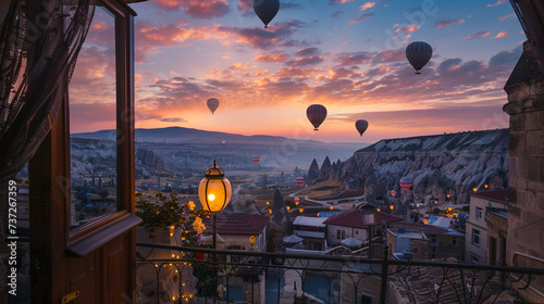 view from balcony bedroom. Vacations in beautiful destination. Colorful hotel terrace with sunset evening view. Flying air balloons. Medieval travel leisure.
