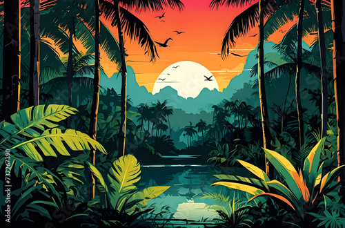 Bright tropical background with jungle plants generative AI image. 