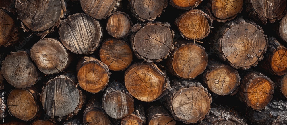Large pile of aged pine logs creating a textured background.