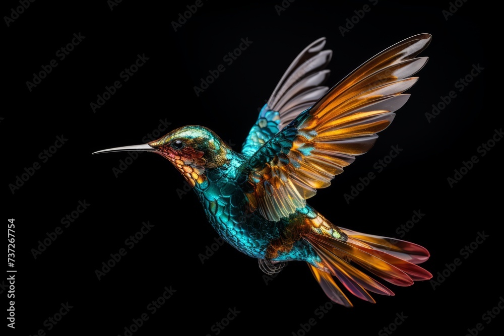 A detailed shot of a hummingbird in mid-flight, frozen in time
