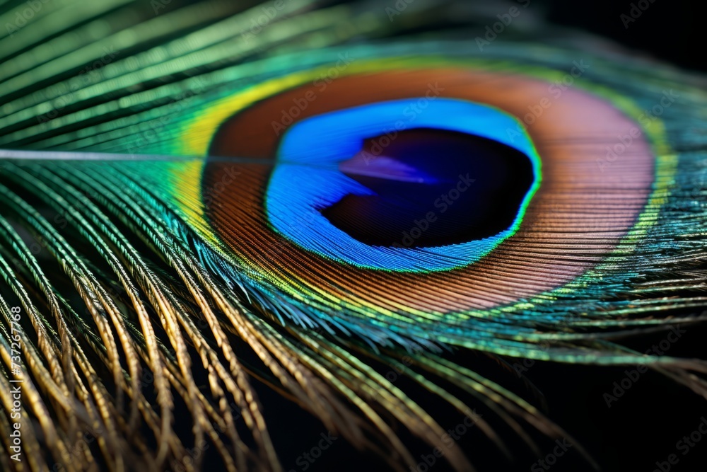 Naklejka premium A detailed shot of a peacock feather, highlighting its iridescence
