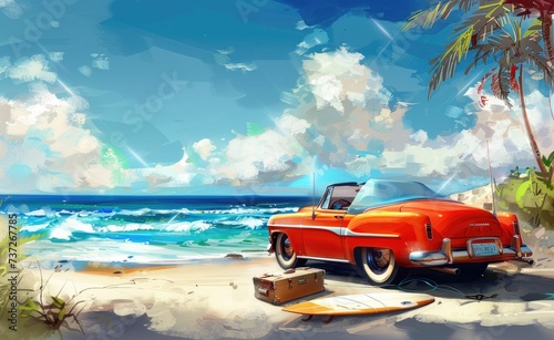A red retro car parked on the beach, a surfboard with luggage is standing on it