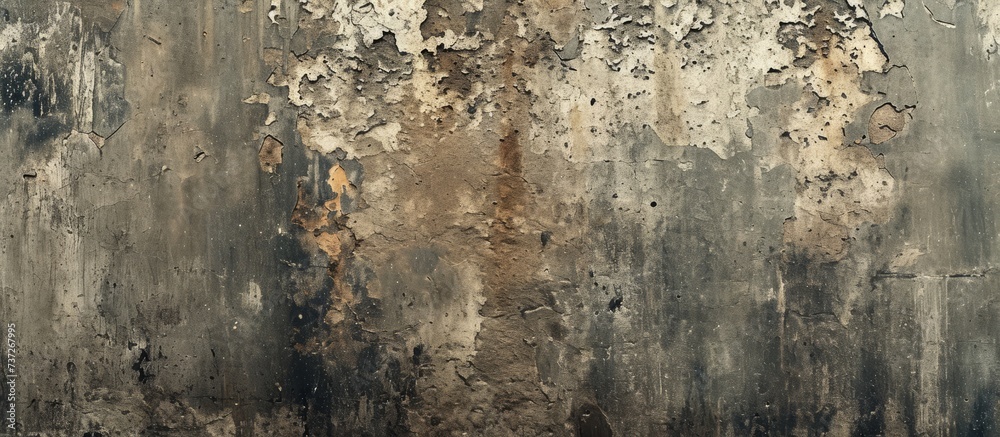 A closeup of a filthy wall adorned with an intricate painting, showcasing a blend of wood, metal, and history in its artistic pattern