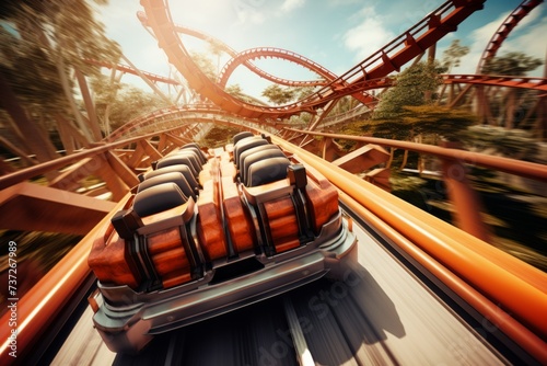 A dynamic shot of kinetic roller coasters speeding down steep drops photo