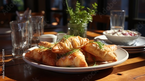 Crispy turnovers paired with creamy sauce on a rustic table setting