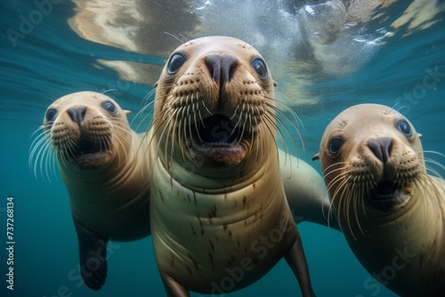 A group of playful sea lions interacting underwater © KerXing