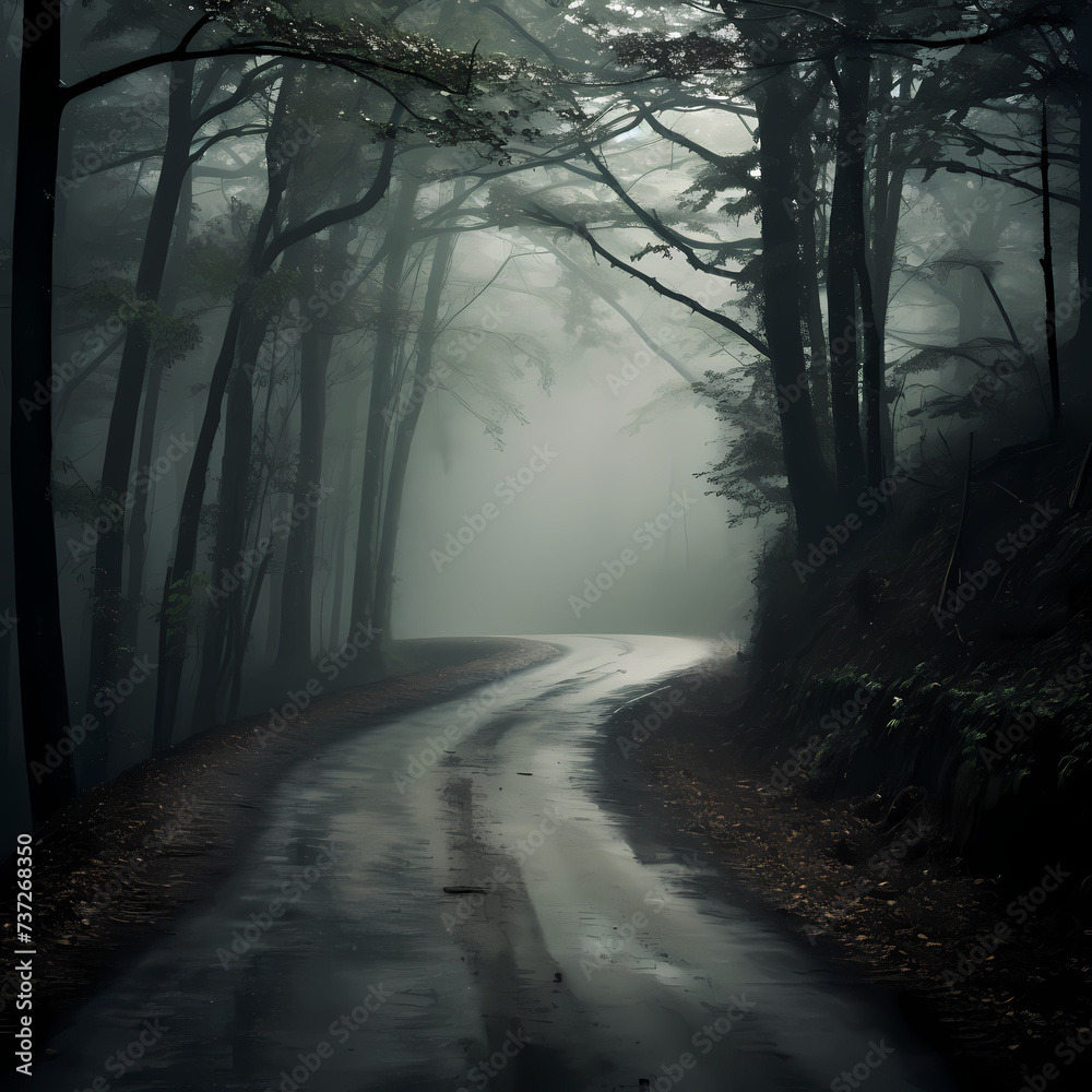 Deserted road through a misty forest.
