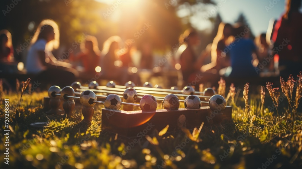 Cropped image of young people playing foosball while resting outdoors. - obrazy, fototapety, plakaty 