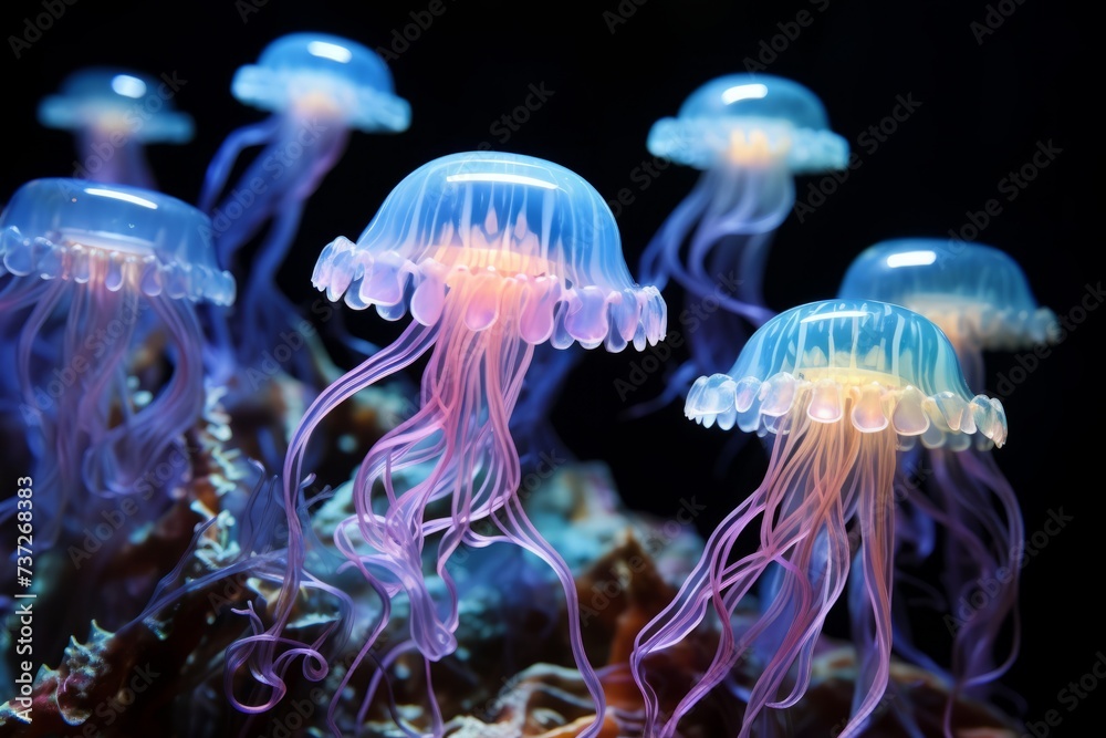 Obraz premium A mesmerizing display of bioluminescent comb jellies