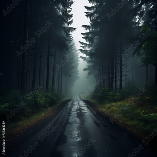 Deserted road through a misty forest. © Cao