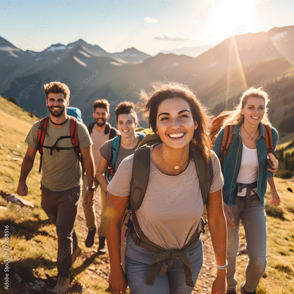 Diverse group of people hiking in the mountains.