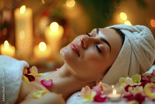 Body and facial skin care. Woman lies with her eyes closed in spa salon. Expression of pleasure and relaxation on face. Close-up portrait of head. Caucasian beauty 30-40 years old. Flower petals