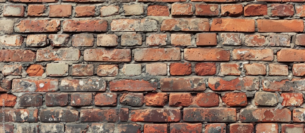 Obraz premium A detailed closeup of a brick wall showcasing the intricate pattern created by the arrangement of rectangular bricks. The building material used is a composite material known as brickwork
