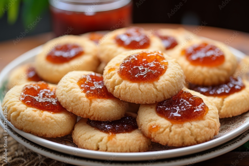A plate of buttery thumbprint cookies with fruit preserves