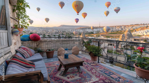 view from balcony. Vacations in beautiful destination. Colorful hotel terrace with carpets, chair and table. Flying air balloons. Medieval travel leisure.