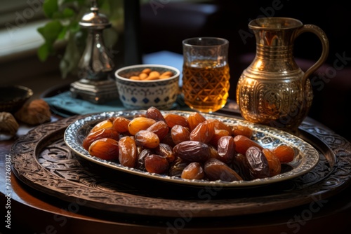 A plate of dates and Arabic coffee for guests