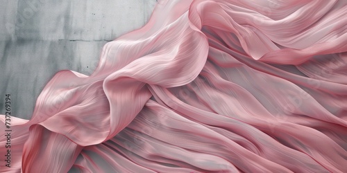 Wave-like patterns of pink textiles against a tranquil gray background