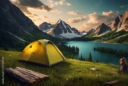 Beautiful Summer tourist tent camping of a mountain generative AI image. 