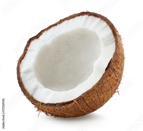One beautiful fresh coconut half on white background