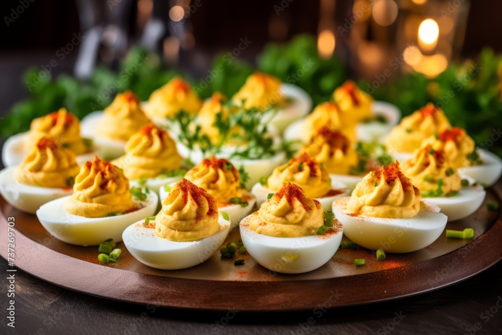 A platter of deviled eggs as a tasty appetizer A platter of deviled eggs as a tasty appetizer