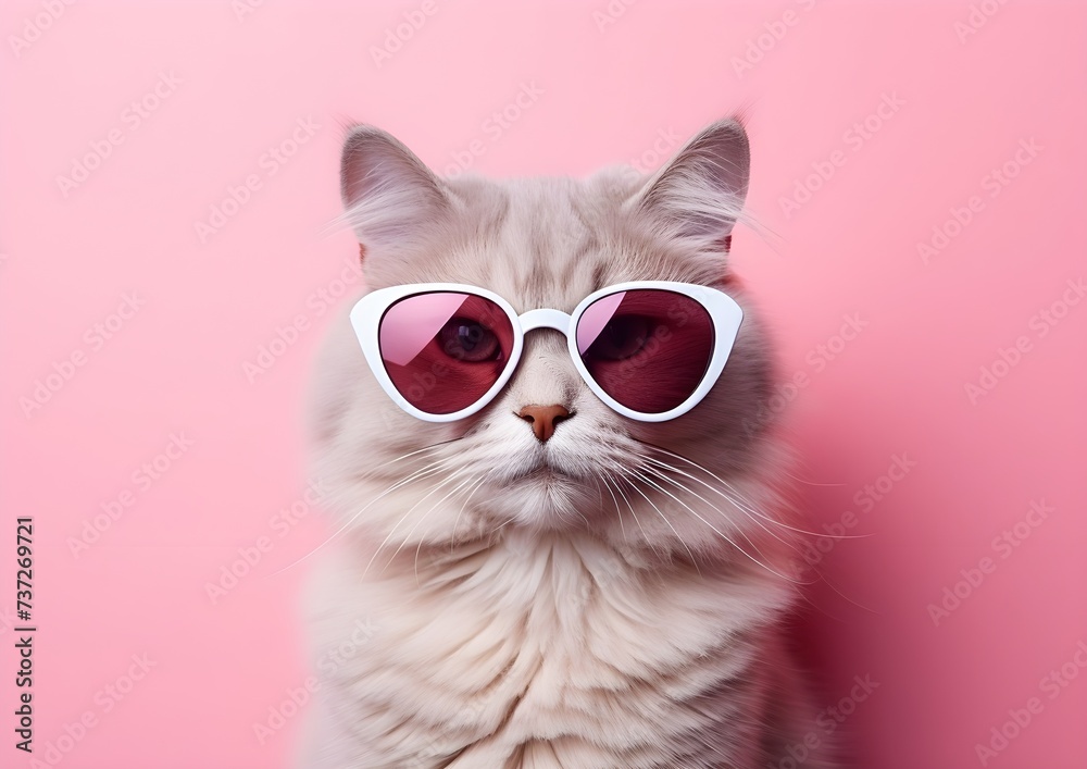 cat in pink glasses on pink background generative ai